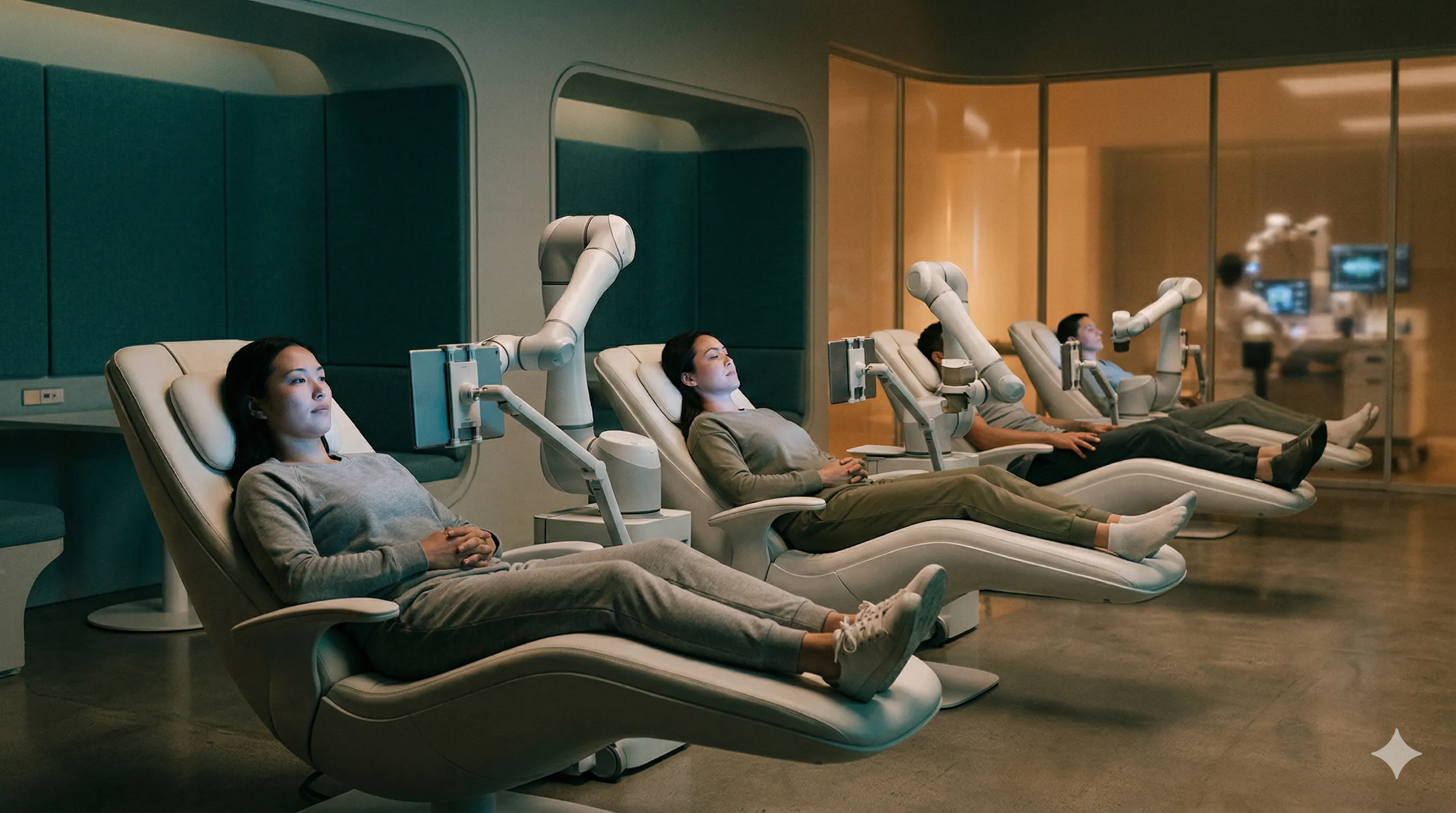 People reclined in sleek chairs while robotic arms attend to them in a sterile, clinical environment — comfortable but unsettling